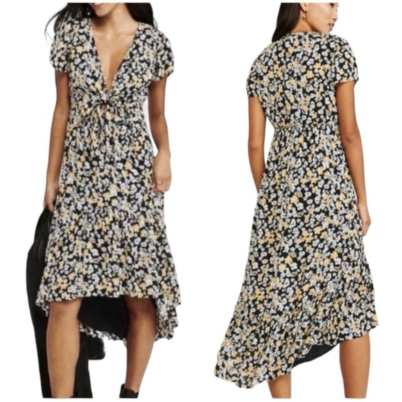 Abercrombie & Fitch Floral High-Low Midi Dress Black/Yellow/White  Size Small - Picture 1 of 14